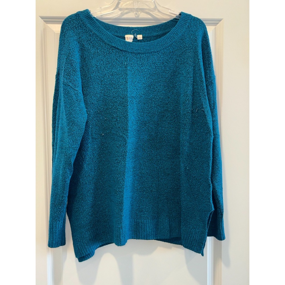 Vintage Gap Glam Sweater Womens Large Teal Knit Side Slit Crew Neck Ribbed Trim